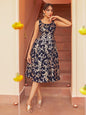 Janasya Women's Navy Blue Brocade Woven Design Casual Dress