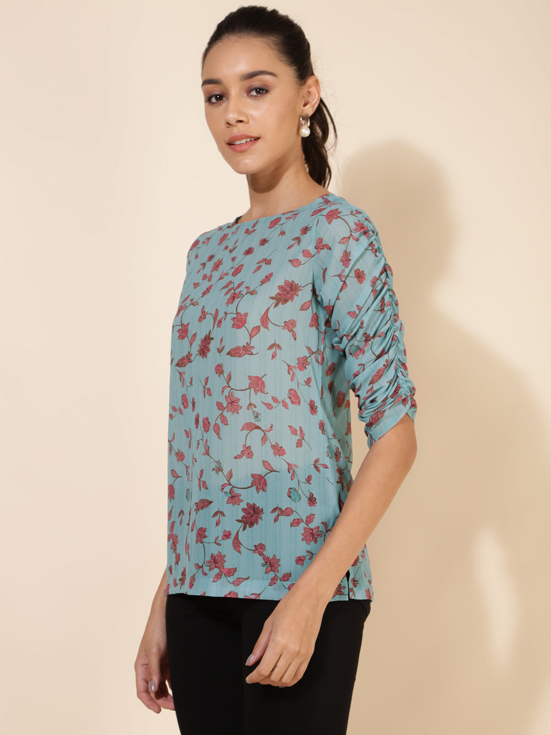 Janasya Women's Mint Green Georgette Floral Printed Casual Top
