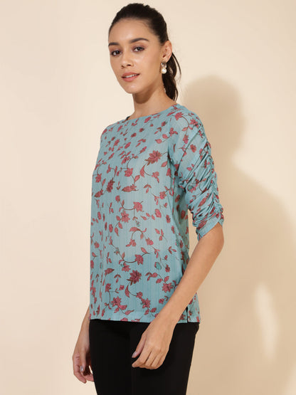 Janasya Women's Mint Green Georgette Floral Printed Casual Top