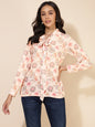 Janasya Women's Peach Georgette Floral Print Casual Top