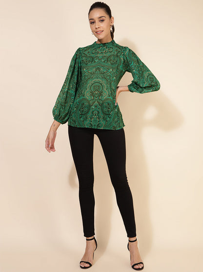 Janasya Women's Green Georgette Digital Printed Casual Top