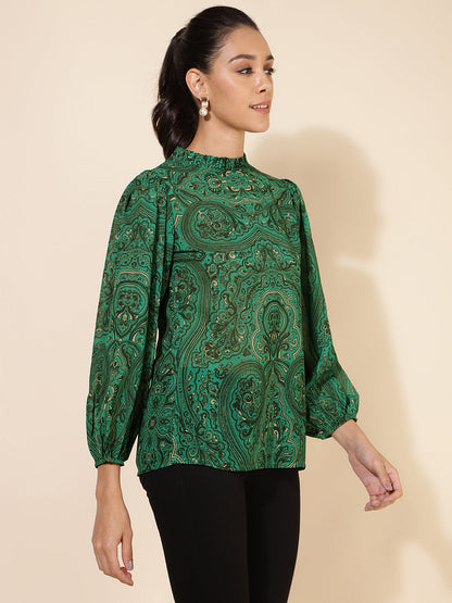 Janasya Women's Green Georgette Digital Printed Casual Top