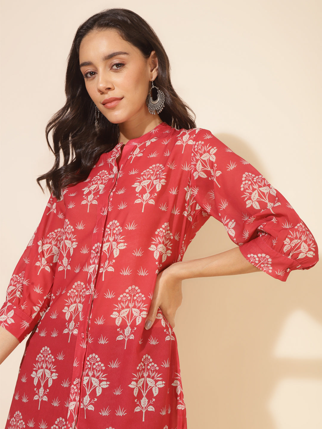 Janasya Women's Red Georgette Floral Printed Casual Tunic
