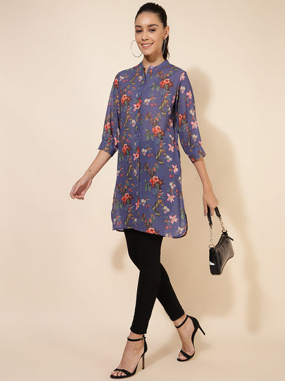 Janasya Women's Violet Georgette Floral Printed Casual Tunic