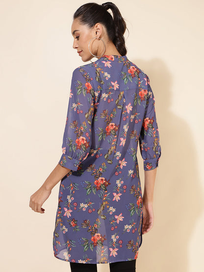 Janasya Women's Violet Georgette Floral Printed Casual Tunic