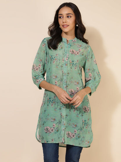 Janasya Women's Light Green Georgette Floral Printed Casual Tunic