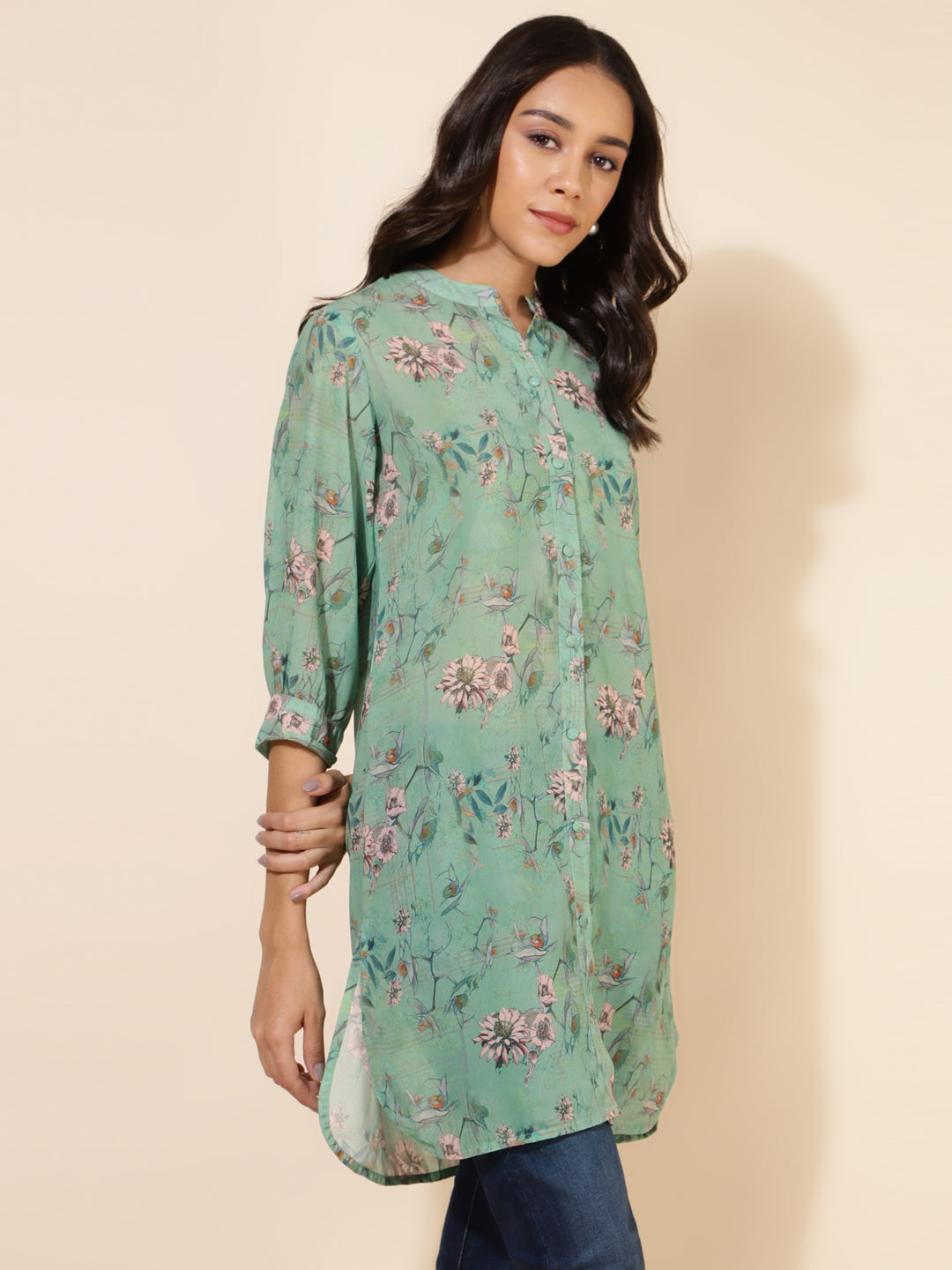 Janasya Women's Light Green Georgette Floral Printed Casual Tunic