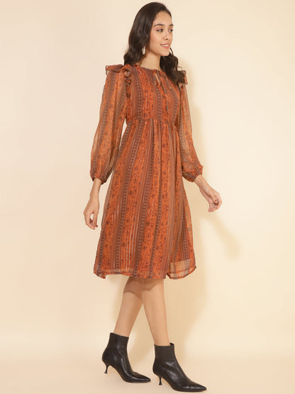 Janasya Women's Rust Chiffon Lurex Floral Printed Casual Dress