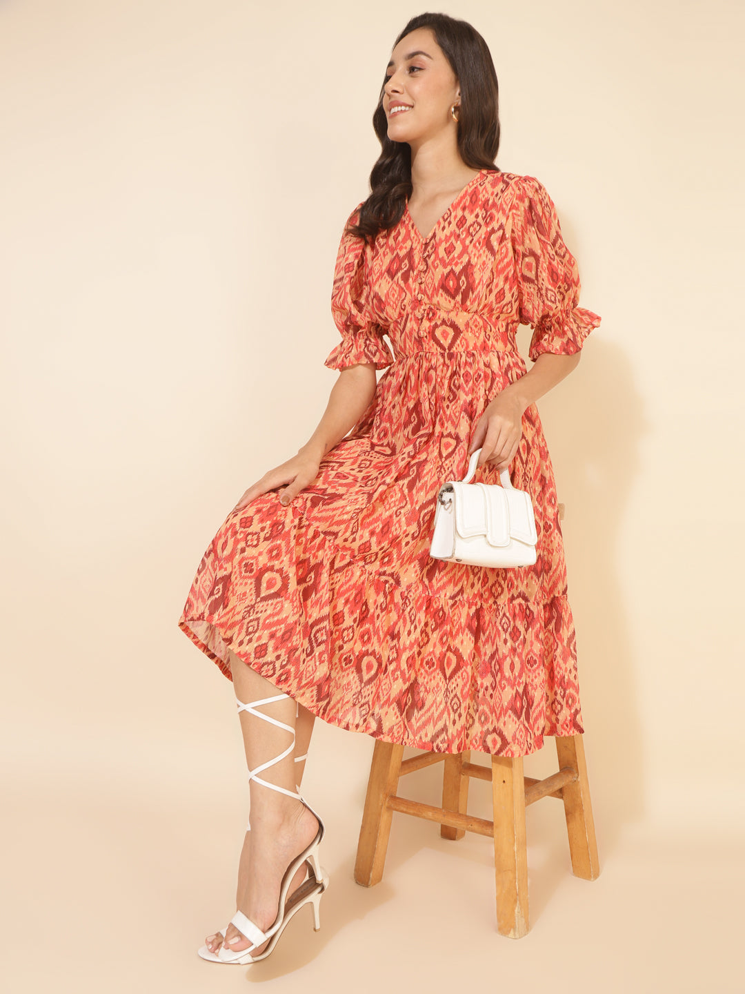 Janasya Women's Mustard Dobby Georgette Ikat Printed Casual Dress
