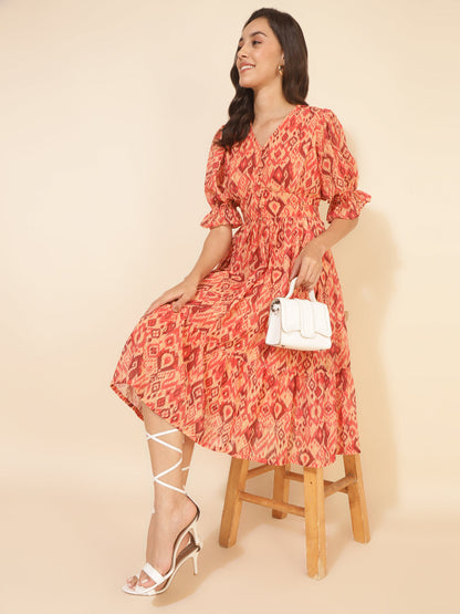 Janasya Women's Mustard Dobby Georgette Ikat Printed Casual Dress
