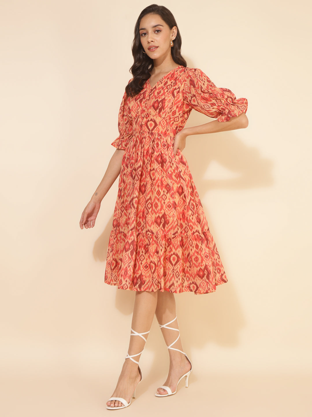 Janasya Women's Mustard Dobby Georgette Ikat Printed Casual Dress