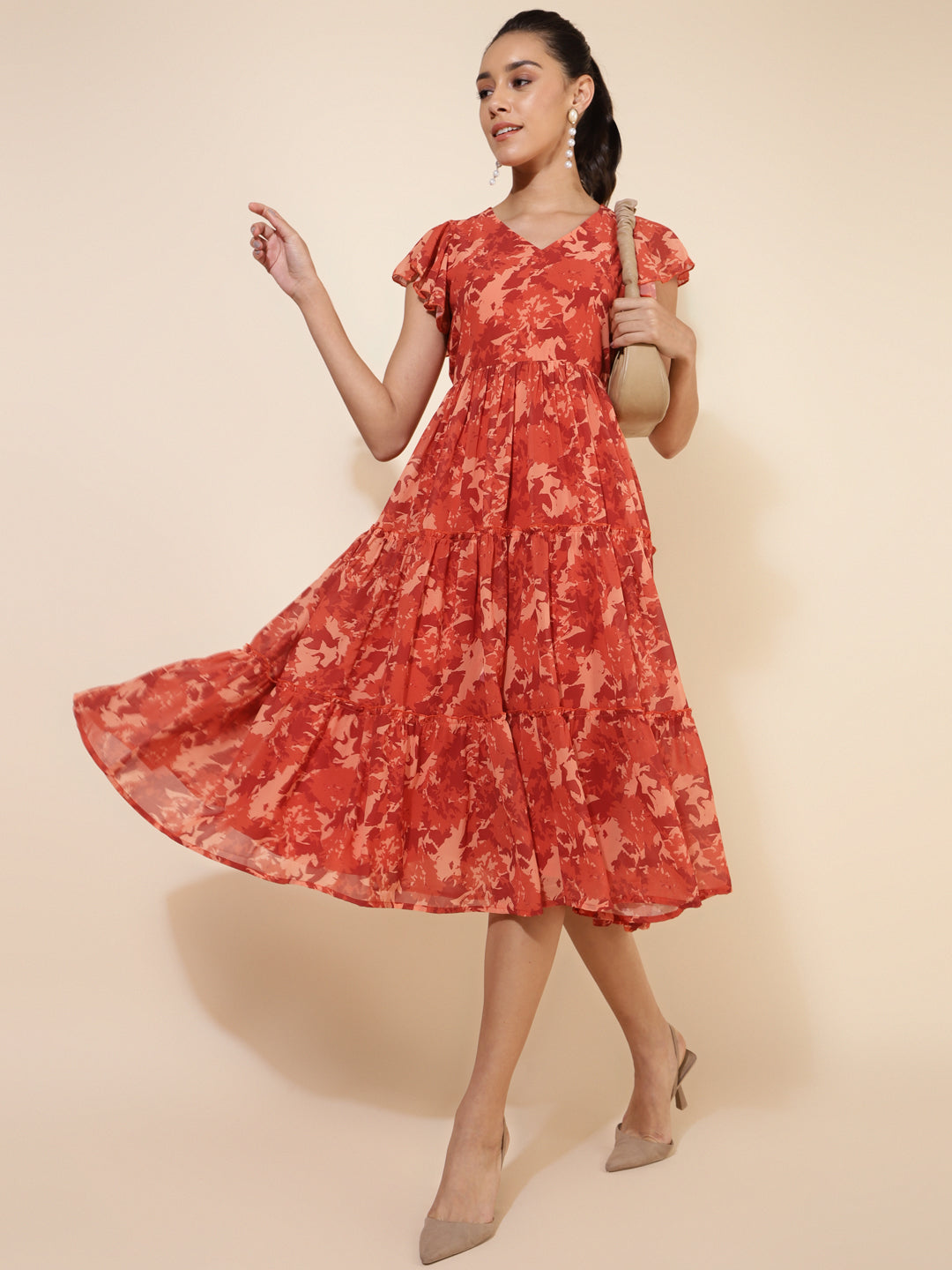Janasya Rust Georgette Abstract Printed Tiered Casual Dress