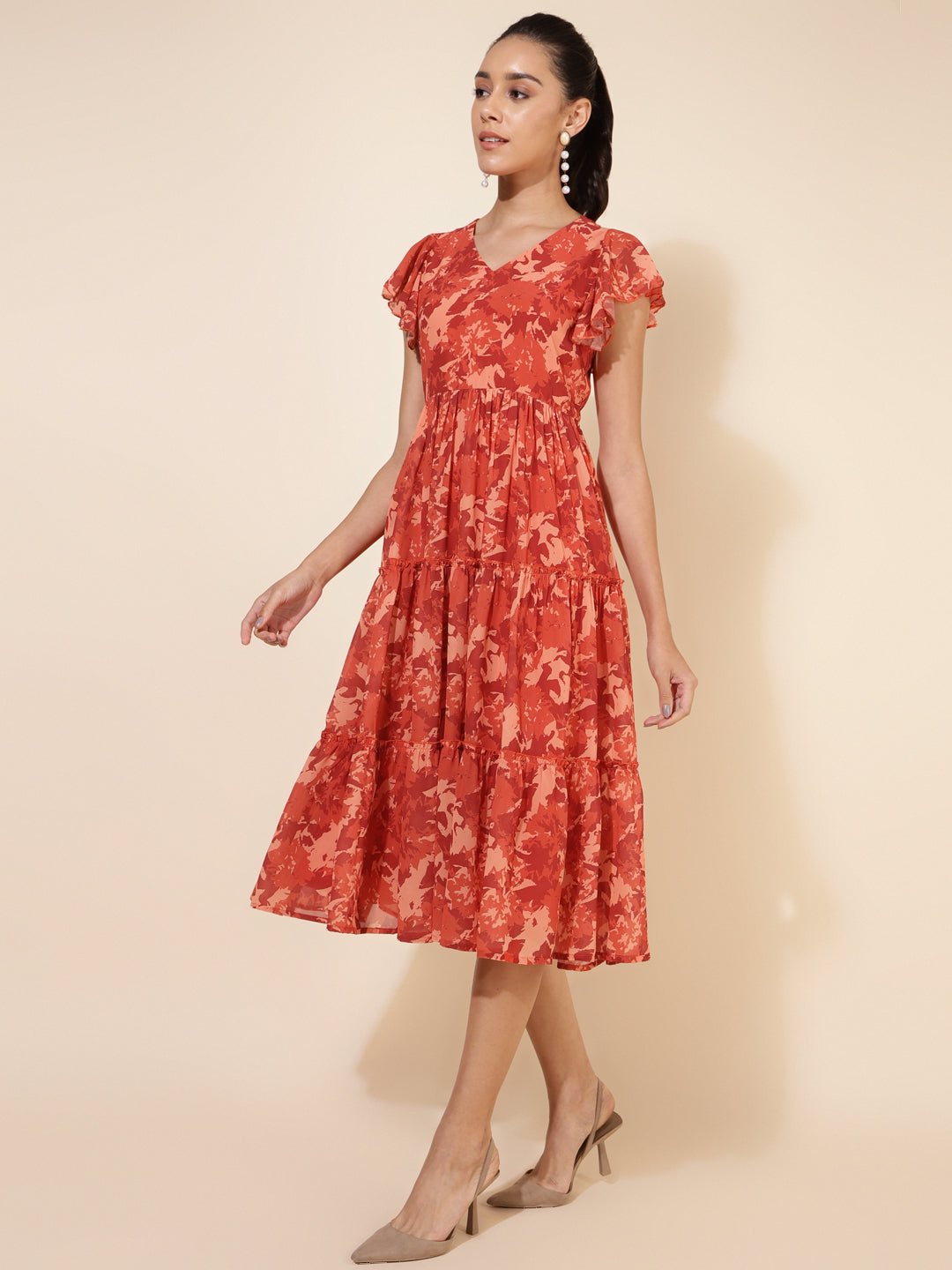 Janasya Rust Georgette Abstract Printed Tiered Casual Dress
