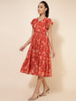 Janasya Rust Georgette Abstract Printed Tiered Casual Dress