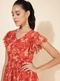 Janasya Rust Georgette Abstract Printed Tiered Casual Dress