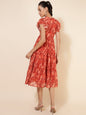 Janasya Rust Georgette Abstract Printed Tiered Casual Dress