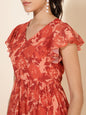 Janasya Rust Georgette Abstract Printed Tiered Casual Dress