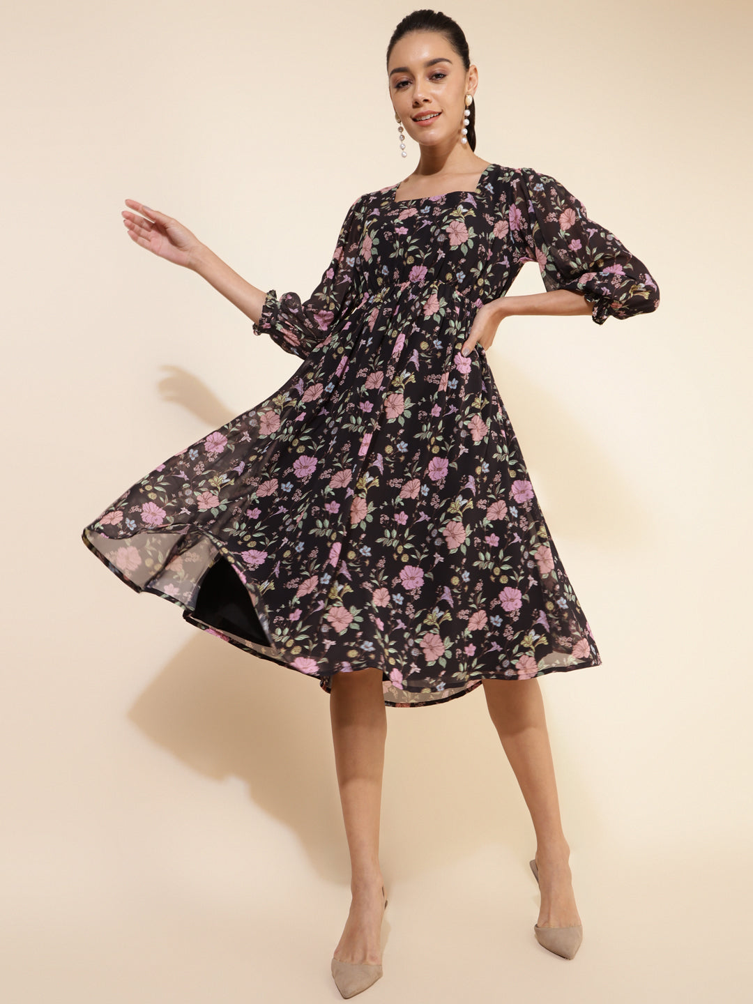 Janasya Women's Black Georgette Floral Printed Casual Dress