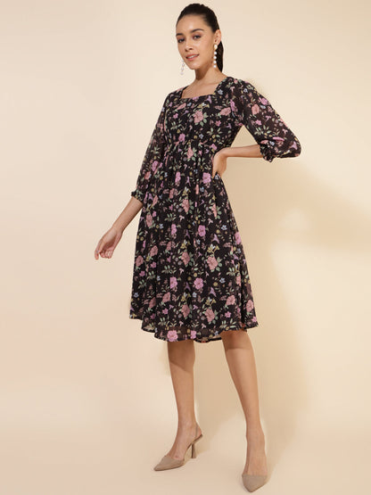 Janasya Women's Black Georgette Floral Printed Casual Dress