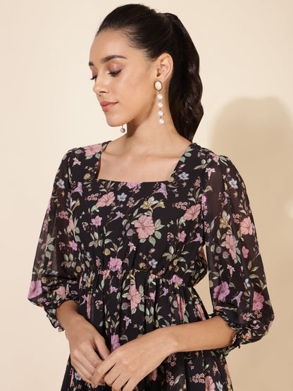 Janasya Women's Black Georgette Floral Printed Casual Dress