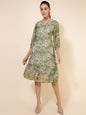 Janasya Olive Georgette Floral Printed A-Line Casual Dress
