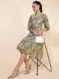 Janasya Olive Georgette Floral Printed A-Line Casual Dress