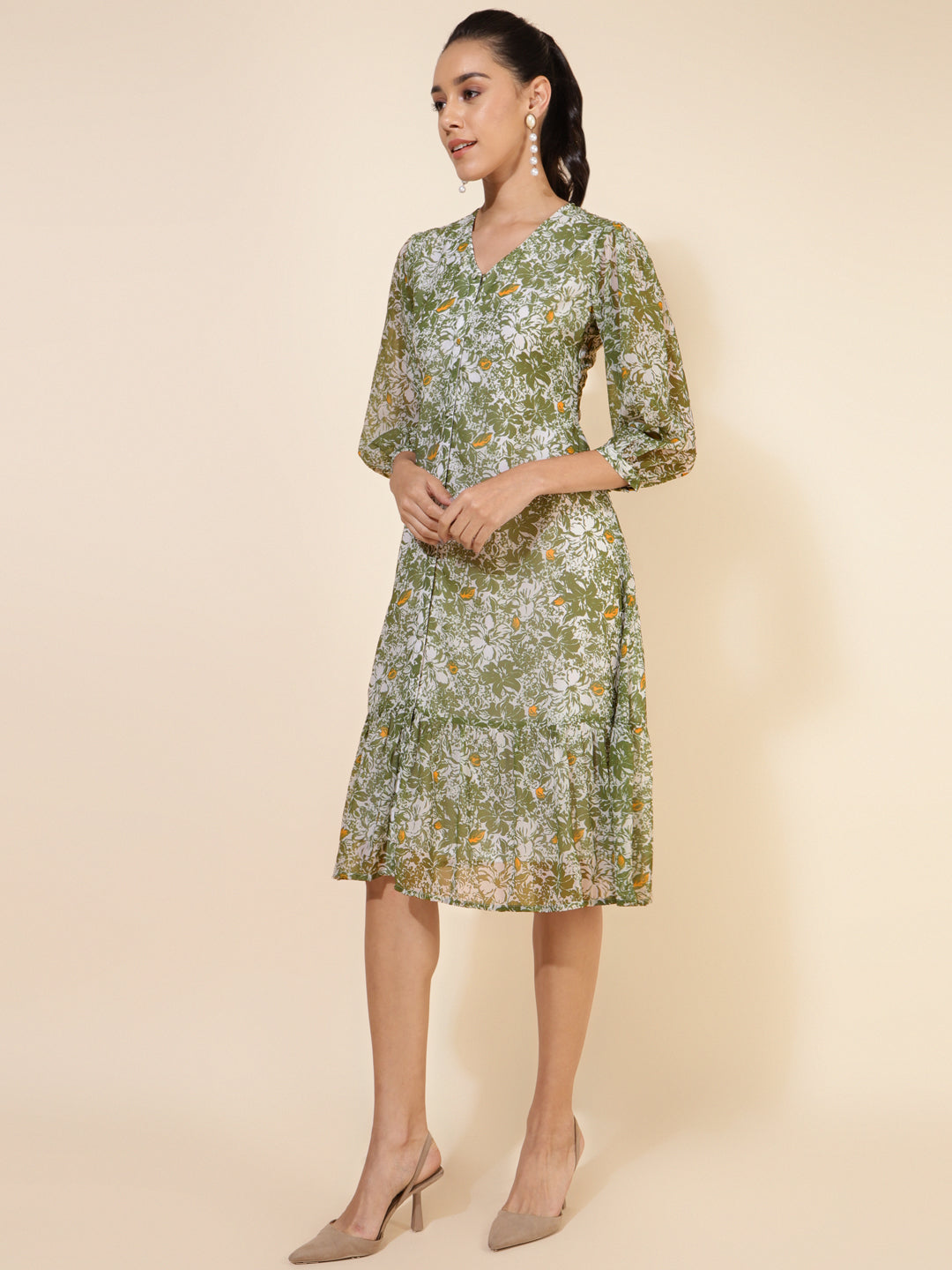 Janasya Olive Georgette Floral Printed A-Line Casual Dress