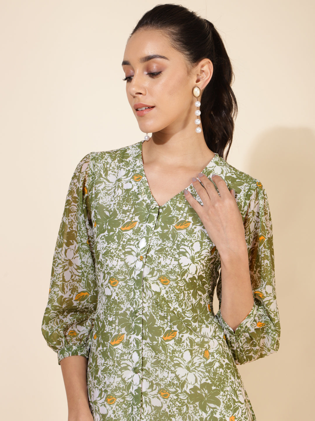 Janasya Olive Georgette Floral Printed A-Line Casual Dress