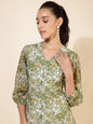 Janasya Olive Georgette Floral Printed A-Line Casual Dress