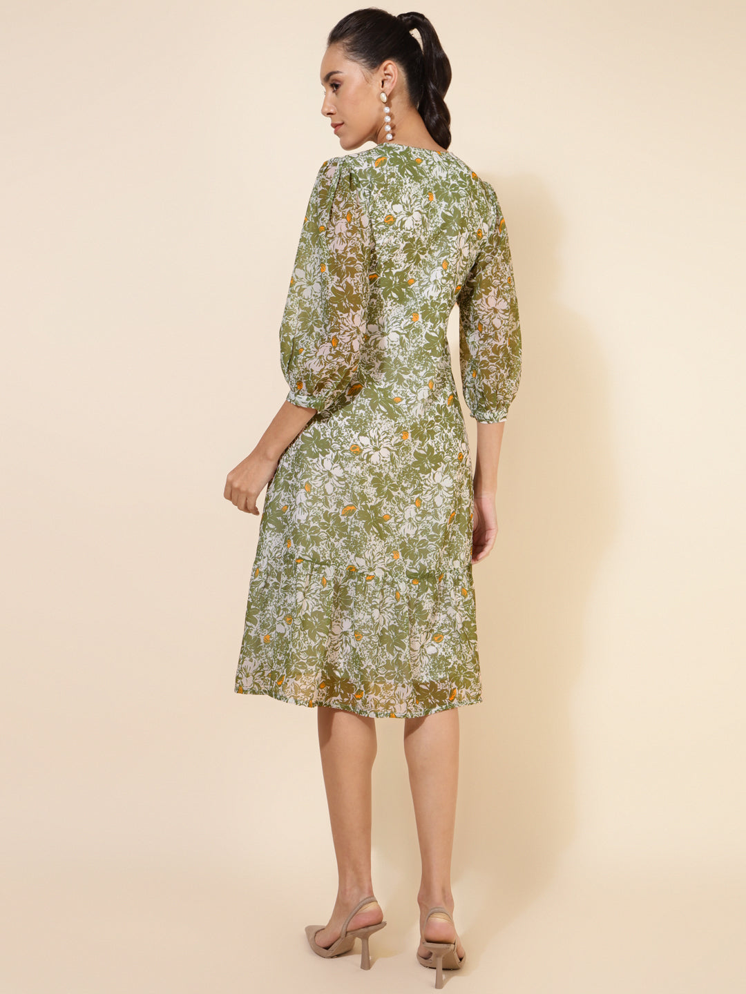 Janasya Olive Georgette Floral Printed A-Line Casual Dress
