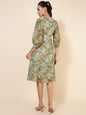 Janasya Olive Georgette Floral Printed A-Line Casual Dress