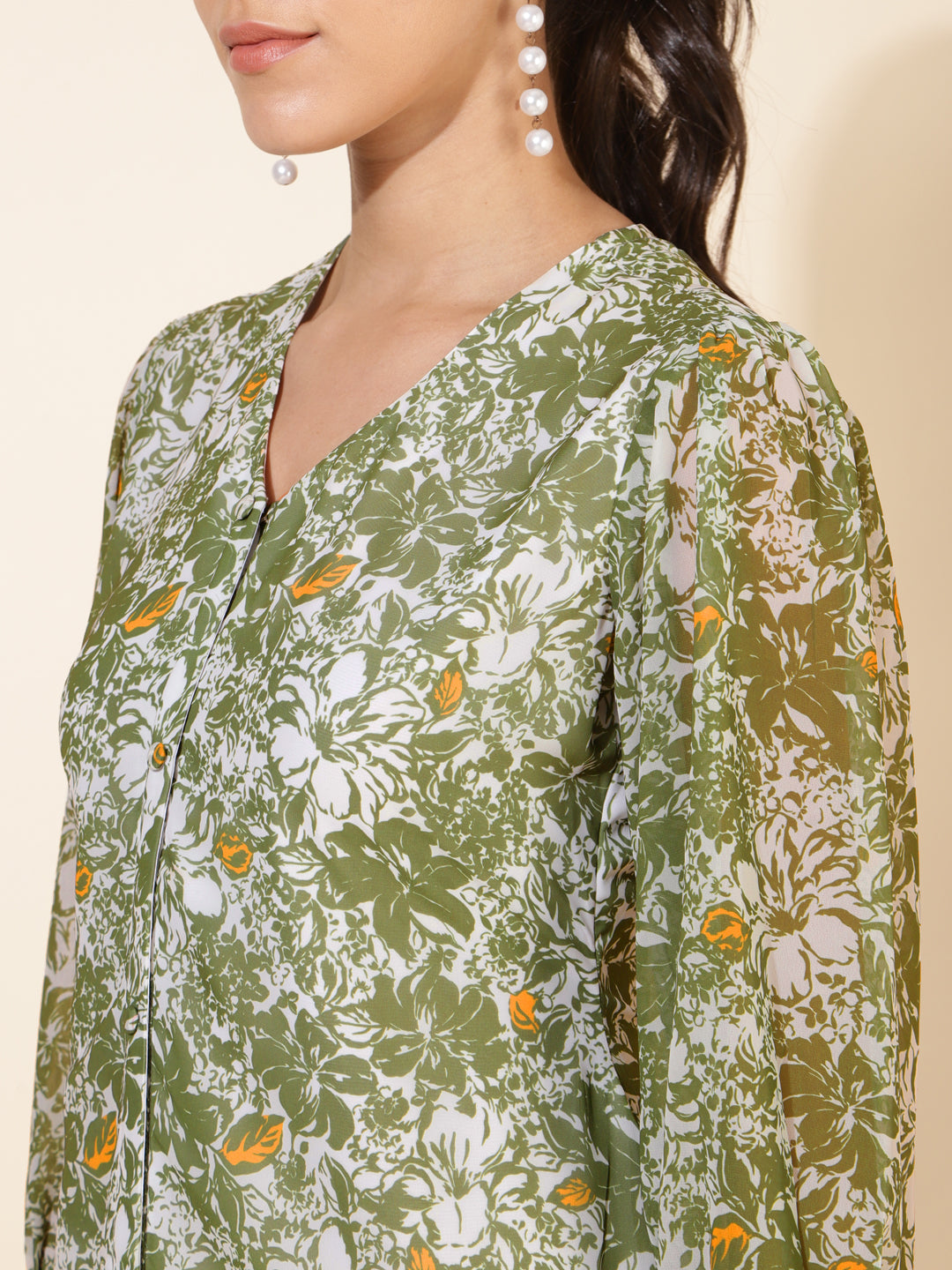 Janasya Olive Georgette Floral Printed A-Line Casual Dress