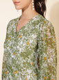 Janasya Olive Georgette Floral Printed A-Line Casual Dress