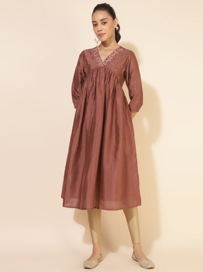 Janasya Brown Crepe Silk Embellished Empire Kurta