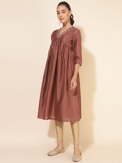 Janasya Brown Crepe Silk Embellished Empire Kurta