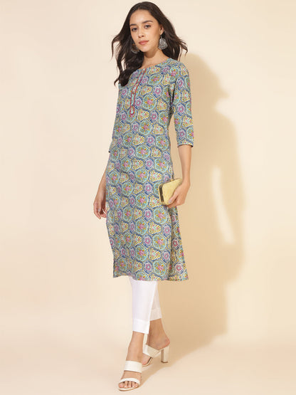 Janasya Multicolor Cotton Printed Casual Kurta