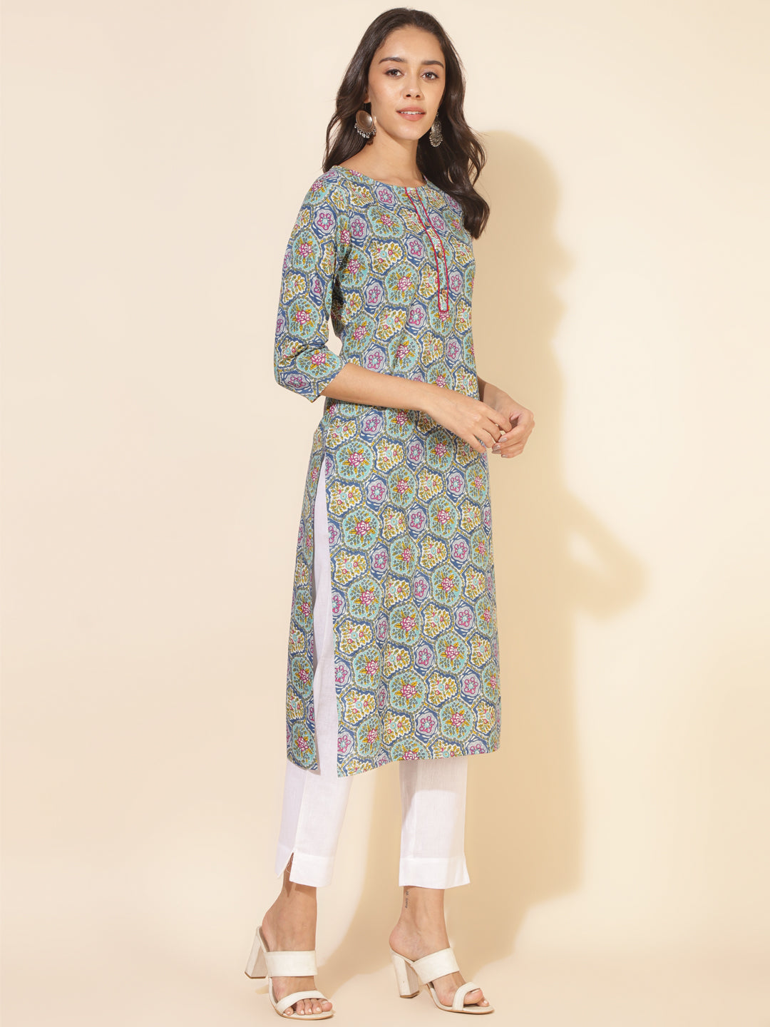 Janasya Multicolor Cotton Printed Casual Kurta