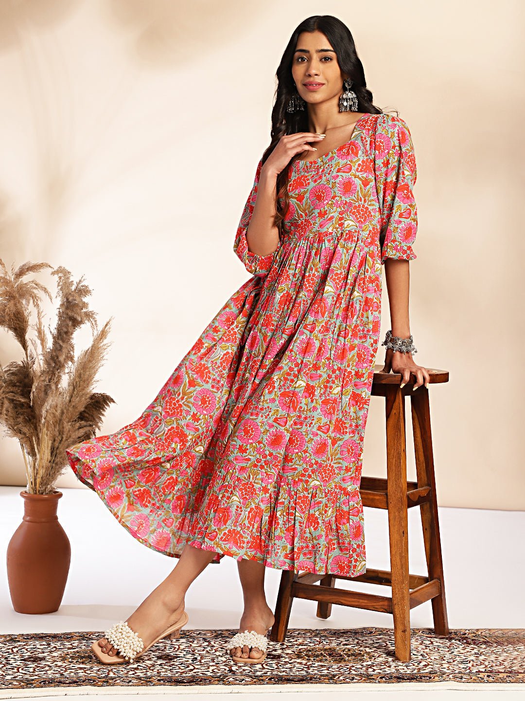 Janasya Multicolor Cotton Floral Printed Flared Dress