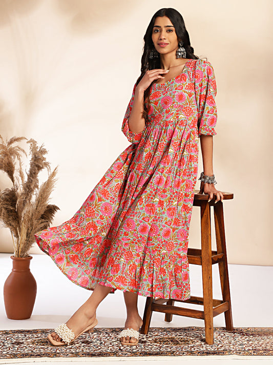 Janasya Multicolor Cotton Floral Printed Flared Dress