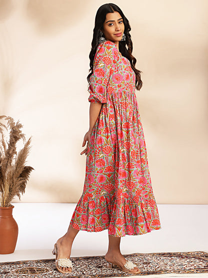 Janasya Multicolor Cotton Floral Printed Flared Dress