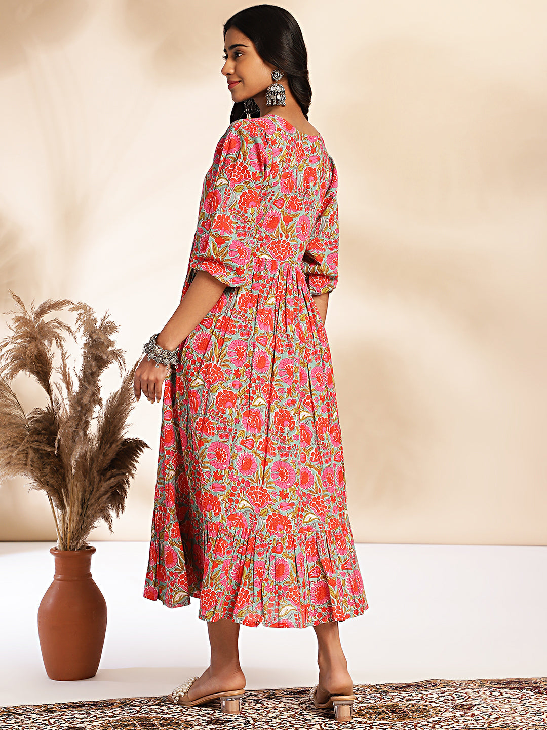 Janasya Multicolor Cotton Floral Printed Flared Dress