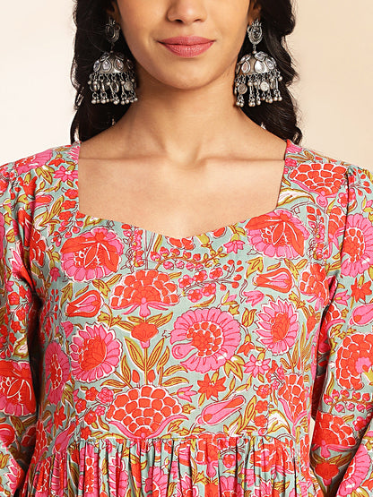Janasya Multicolor Cotton Floral Printed Flared Dress