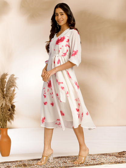 Janasya Off White Dobby Georgette Tie & Dye Fit & Flare Dress