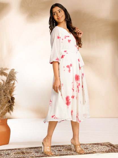 Janasya Off White Dobby Georgette Tie & Dye Fit & Flare Dress