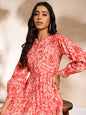Janasya Pink Cotton Floral Fit & Flare Dress