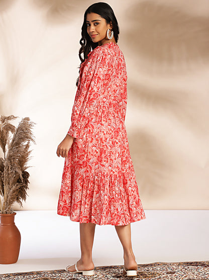 Janasya Pink Cotton Floral Fit & Flare Dress