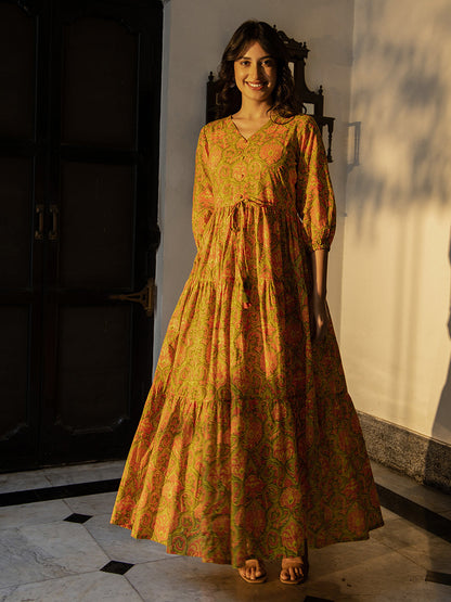 Janasya Green Cotton Printed Tiered Dress