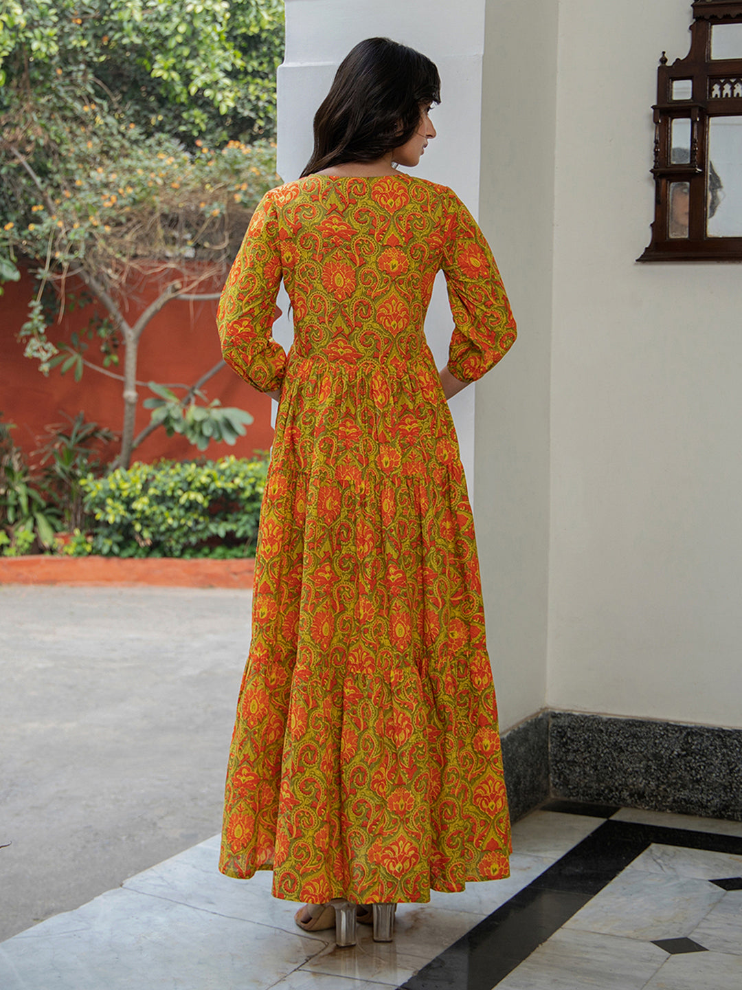 Janasya Green Cotton Printed Tiered Dress