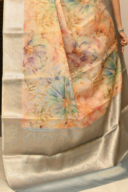 Joban Fashion Grey & Orange Saree Tissue Digital With Embroidery