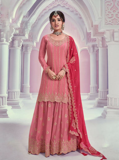 Vastranavya Exquisite Peach Heavy Chinon with Embroidered & Sequins Work Salwar Suits